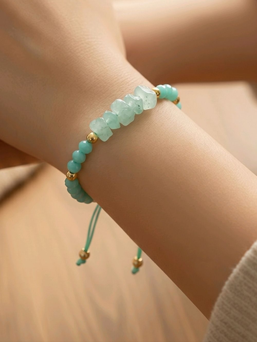 Mint Green Quartz Chip Bracelet Adjustable Boho Crystal Bracelet Coastal Charm